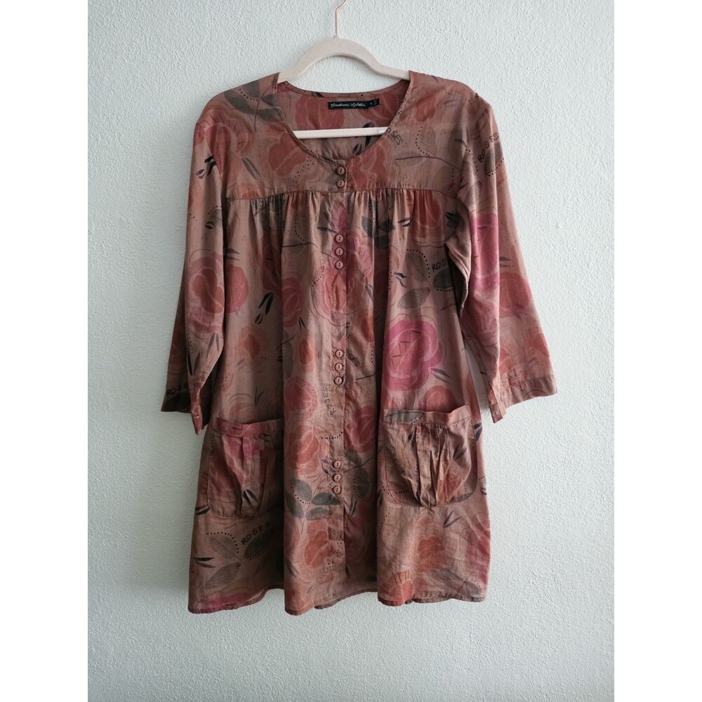 GUDRUN SJODEN Lagenlook Floral 3/4 Sleeve Sheer Tunic Blouse Size S With Pockets